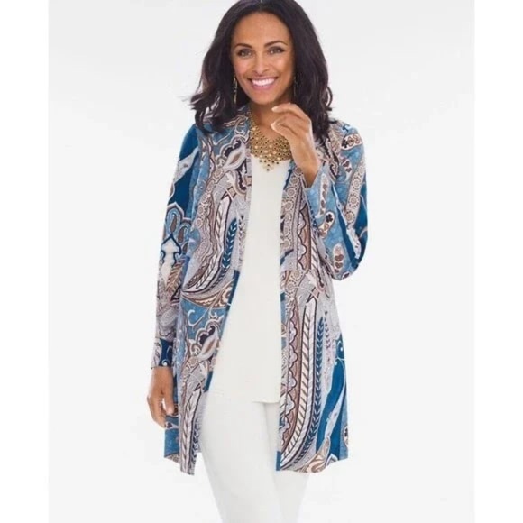 Chico’s Paisley Jacket Coat Topper Faux Suede NWT Chicos Size 0 = XS Blue - Picture 1 of 11